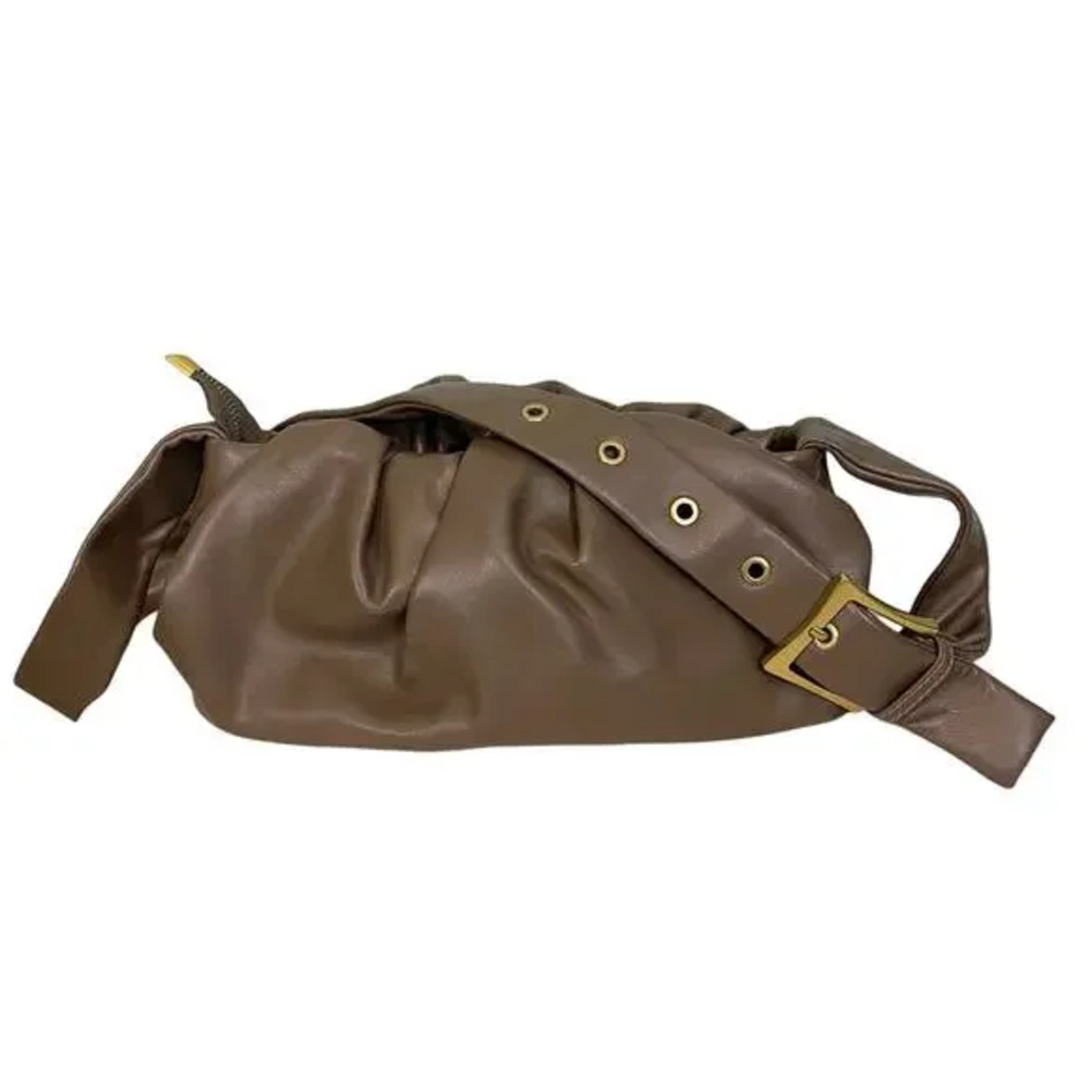 MW Womens Shoulder Crossbody Bag Ruched Faux Leather Taupe Brown